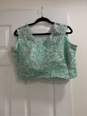 Indian Custom Beaded Mint Green Crop Top Blouse